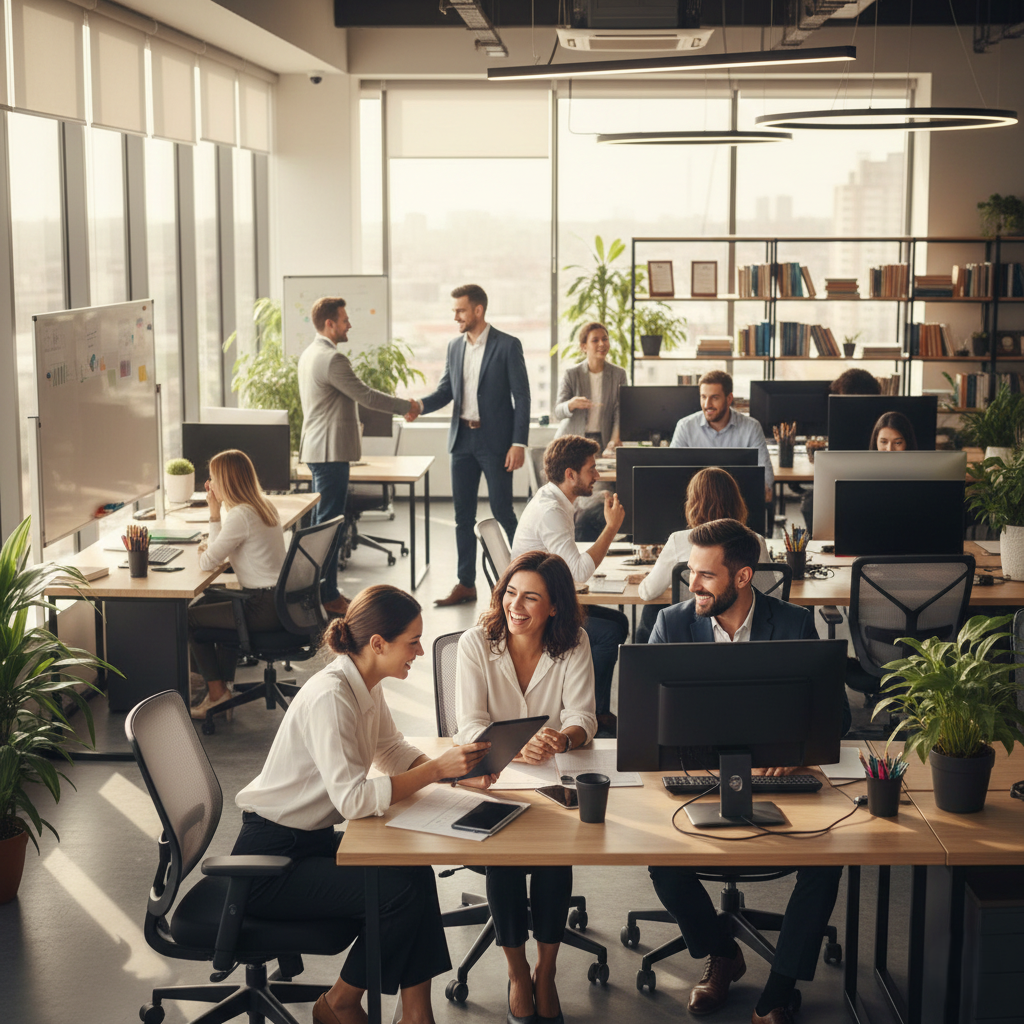 Aggrieved women collaborate in a modern office, discussing concerns around shared desks and digital screens.