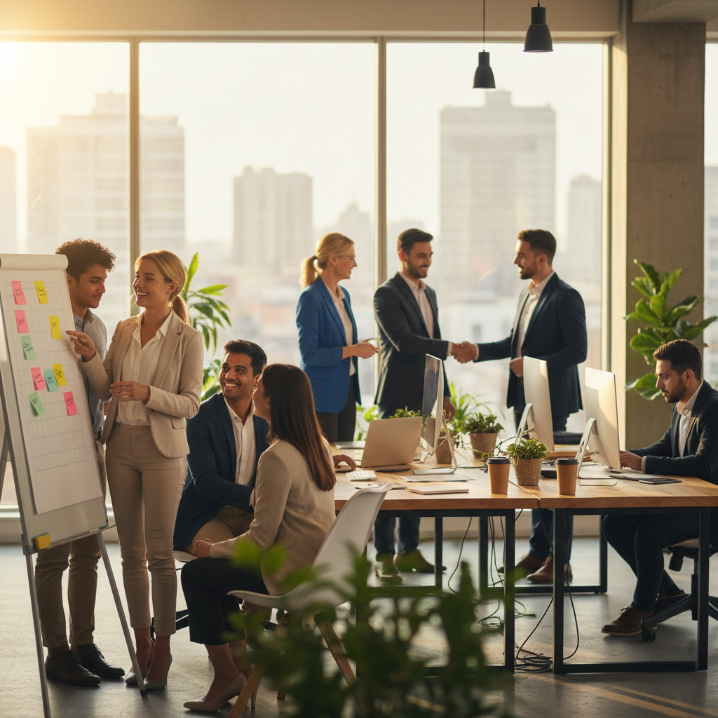 Aggrieved women stand in a workplace meeting space, expressing tension and disagreement during a team discussion.
