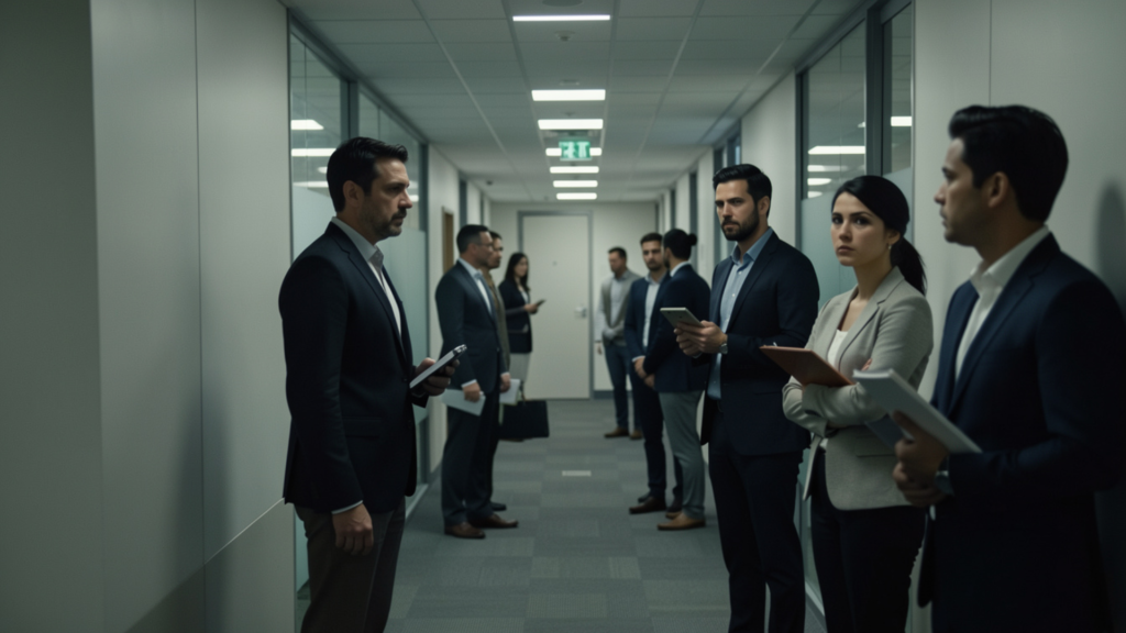 Office corridor scene depicting INTER-ORGANISATIONAL WORKPLACE SEXUAL HARASSMENT between employees from different departments