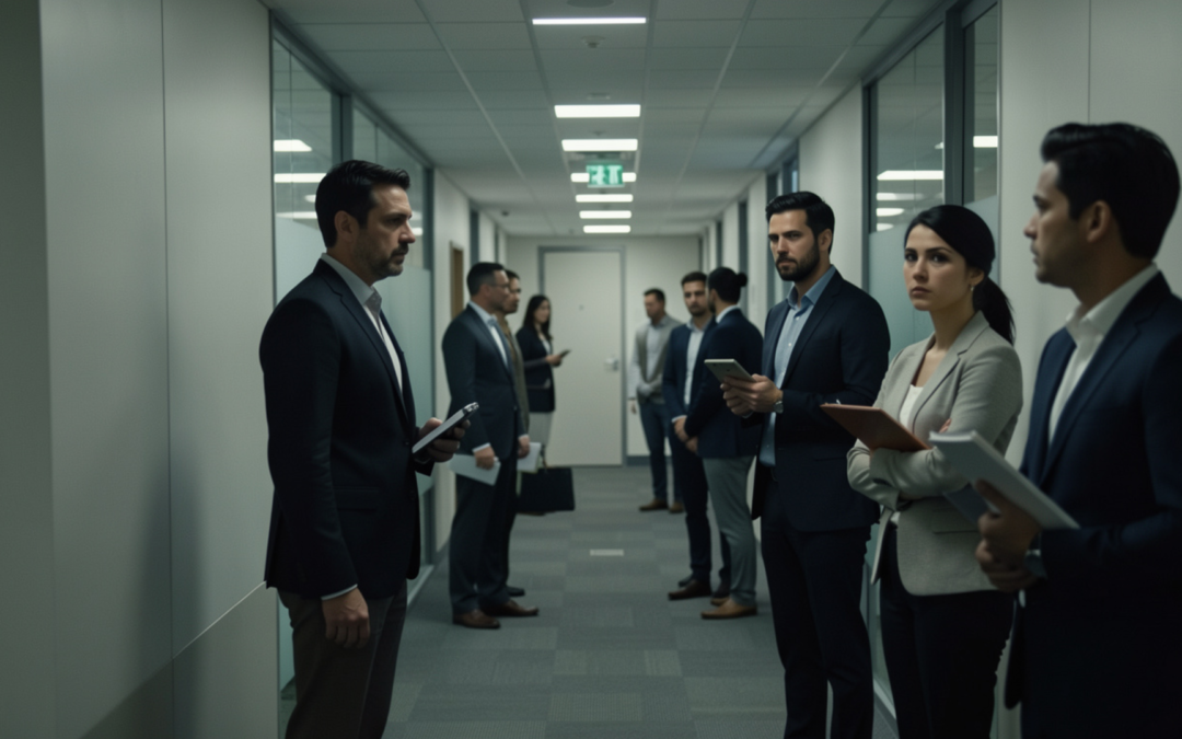 Office corridor scene depicting INTER-ORGANISATIONAL WORKPLACE SEXUAL HARASSMENT between employees from different departments