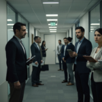 Office corridor scene depicting INTER-ORGANISATIONAL WORKPLACE SEXUAL HARASSMENT between employees from different departments