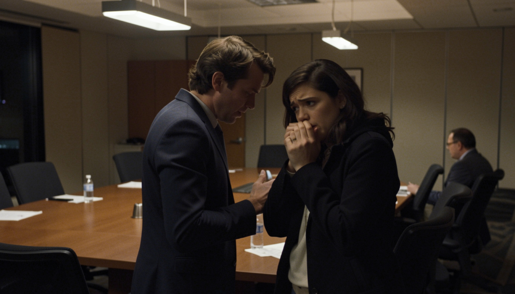 After-hours meeting room situation reflecting INTER-ORGANISATIONAL WORKPLACE SEXUAL HARASSMENT concerns
