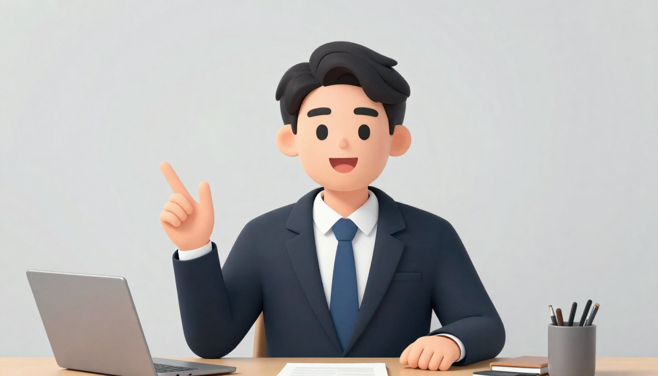 Cartoon office professional at a desk with a laptop, raising a finger while explaining workplace compliance, representing POSH Act compliance guidance in Kerala.